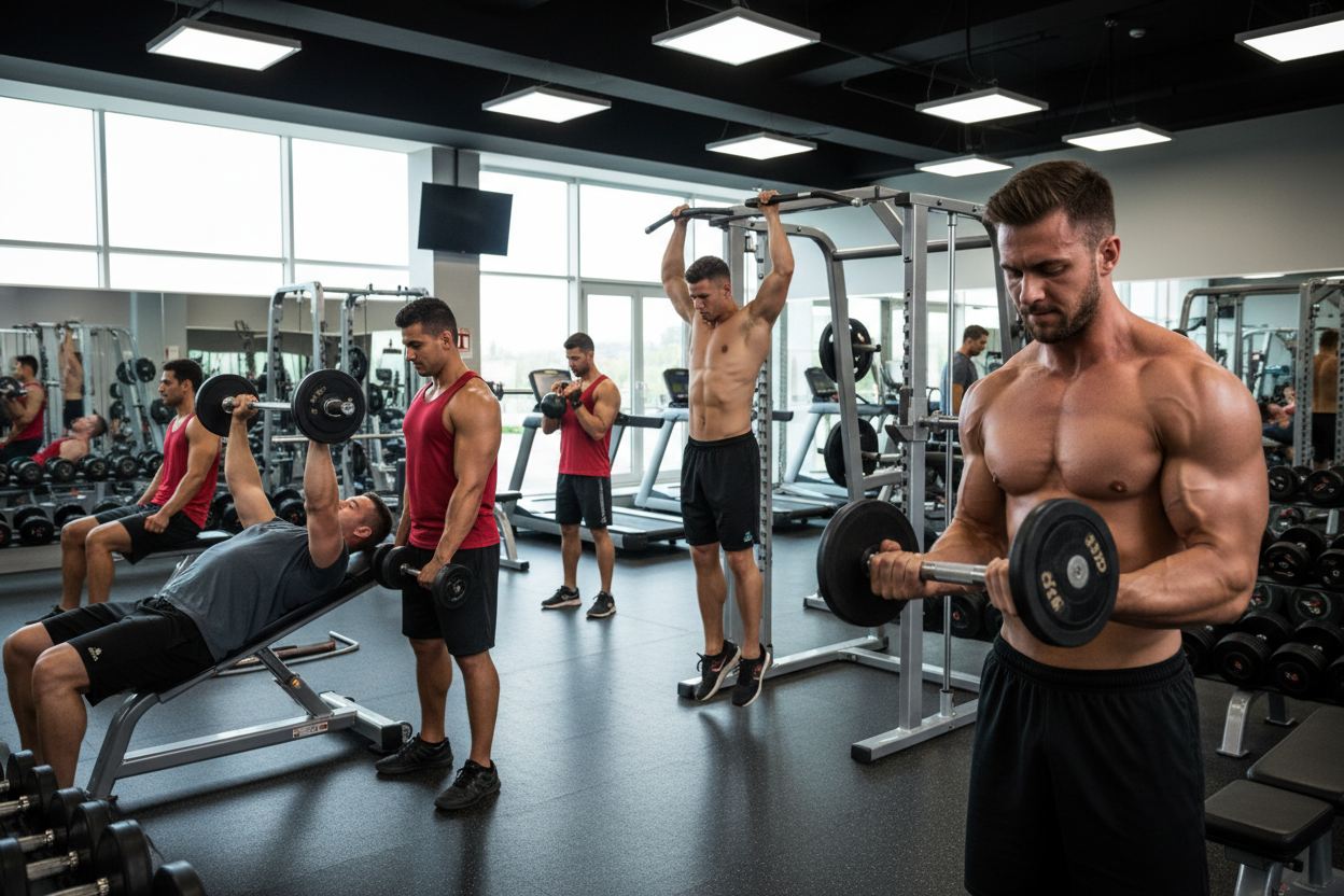 generate an image of men doing exercise in gym