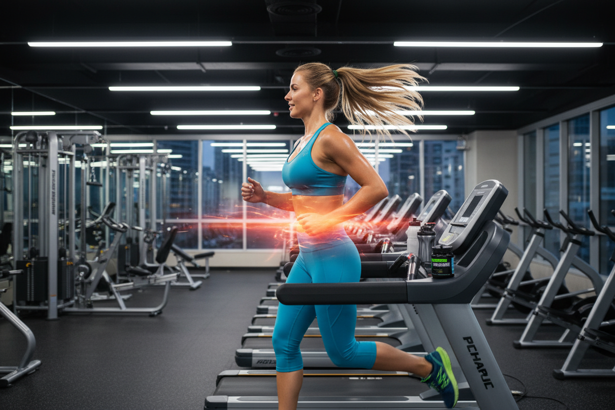 women running after taking pre workout in gym 